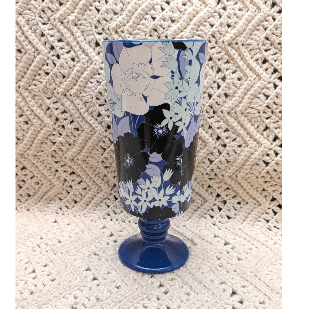 Anthropologie Floral Footed Vase Blue White Ceramic Pedestal 10 Inch
